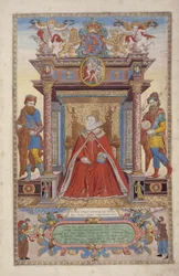 Frontispiz aus einem Atlas von England und Wales von Christopher Saxton, 1590